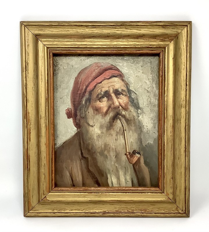 Original 19c Italian Oil Painting on cardboard “Old Man With Pipe” Framed