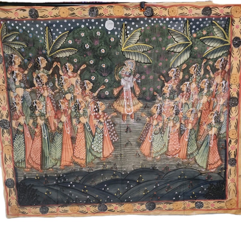 Indian Folk Art Pichwai Handmade Painting On Fabric Vintage Large 50″ × 40″ Appr