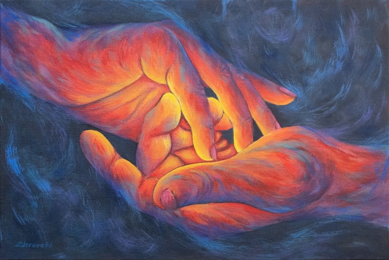 Lovers Hand In Hand, hand painted small painting Valentines Day gift idea