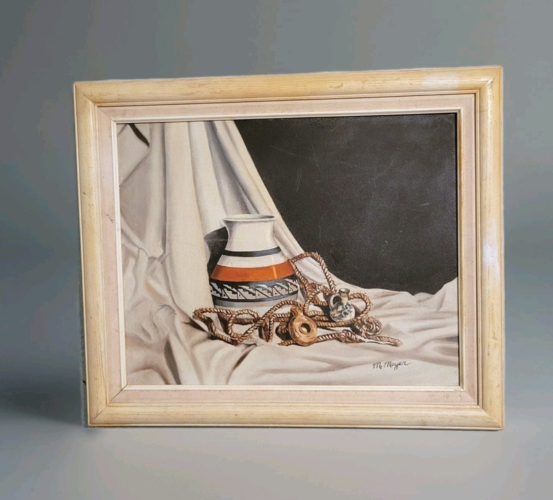 Vintage Native American Still Life Oil Painting Signed M Meyer Pottery Vase