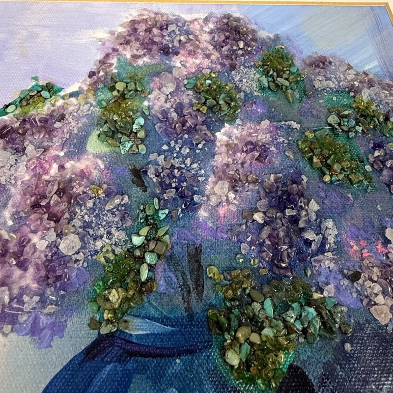Original Mixed Media Gemstone Painting Lilac Flowers Vase Signed Art gallery