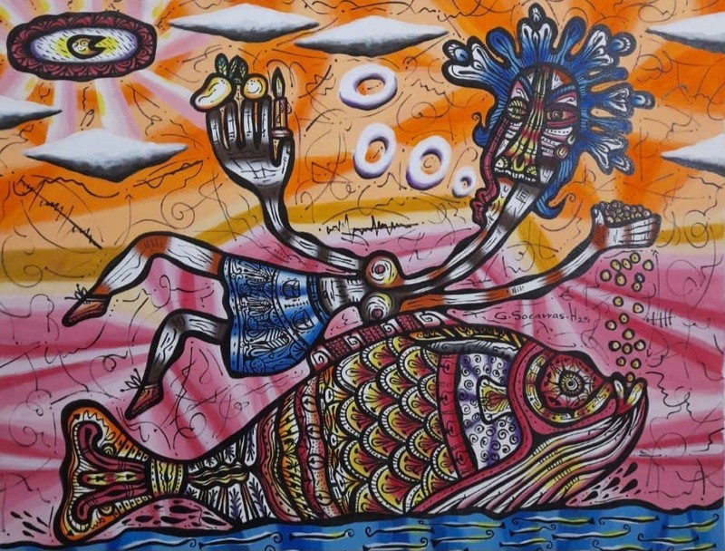 Acrylic/oil /Canvas by Guillermo.socarras cuban Art 100×80 Cm T: Dama Y Pez»