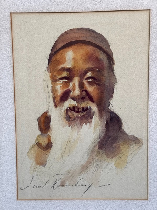 VINTAGE SAUL ROSENBERG SIGNED ORIGINAL PAINTING ASIAN MAN WATERCOLOR PORTRAIT