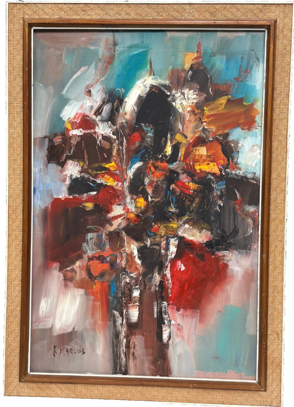 Flowers in a Vase Abstract Expressionist 36 x 24 Oil Painting-C. 1970s-K. Marcos gallery