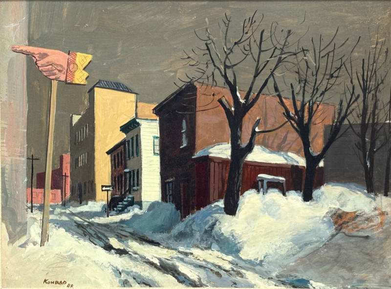 Snow-Laden 1 Way Newark Street-Slightly Surreal Oil Painting-1948-Adolf Konrad