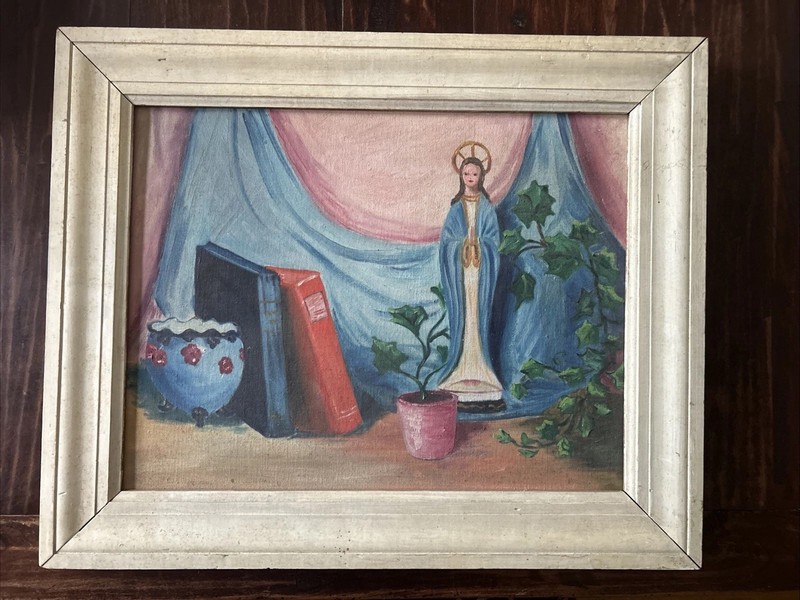 Mid Century Oil On Canvas Still Life; Virgin Mary w/Books & Plant; Framed 18×22”
