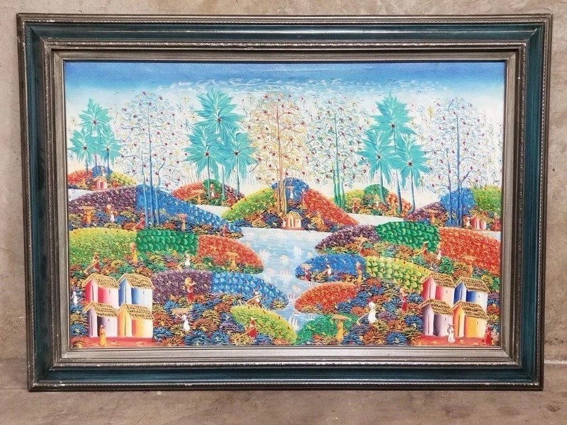Huge Original Guy Joseph Haitian Oil Painting – Framed 31.5×43.5 Village Scene