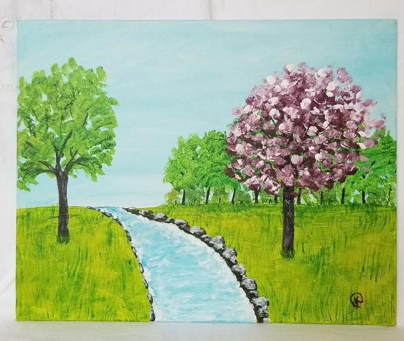 acrylic painting on an 8×10 canvas board of a purple tree by the river