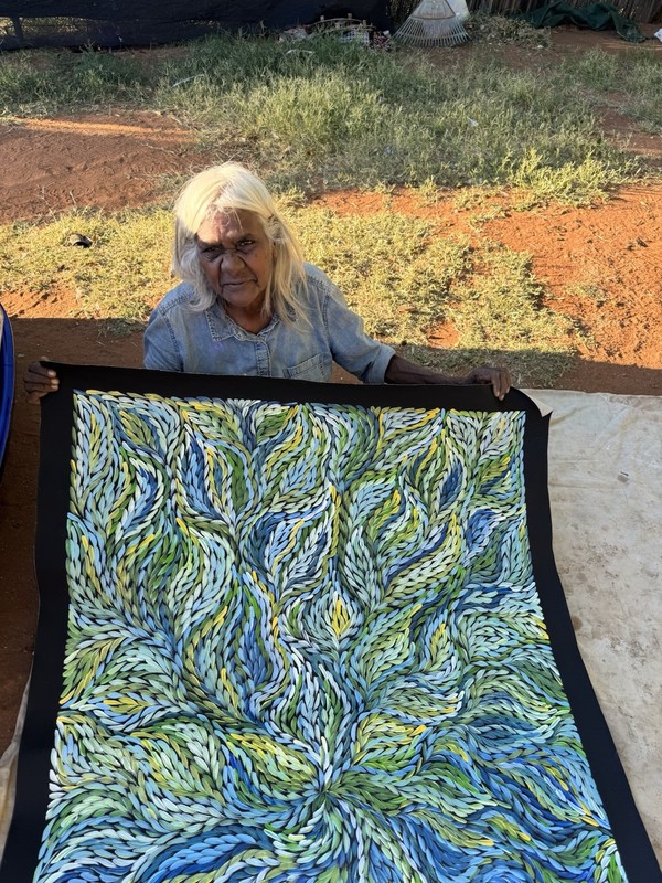 Rosemary Petyarre .Authentic Aboriginal Art. Bush yam flower, Size; 150 x 100cm gallery