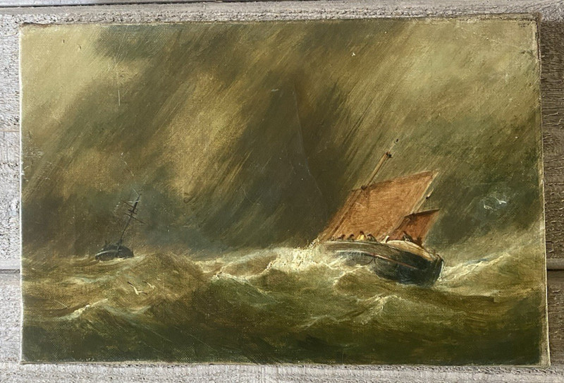 Antique Original Oil Painting European Nautical Marine Ship in Storm 12″ X 15″
