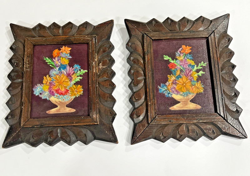 12”x10” Pair of Framed floral paintings FOLK NORTHERN APPALACHIA (2)