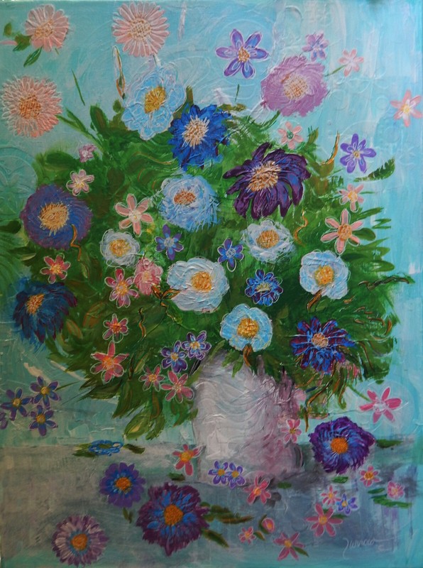 ORIGINAL ART COLLAGED PAINTING COLORFUL FLORAL STILL LIFE USA BY SUE FURROW
