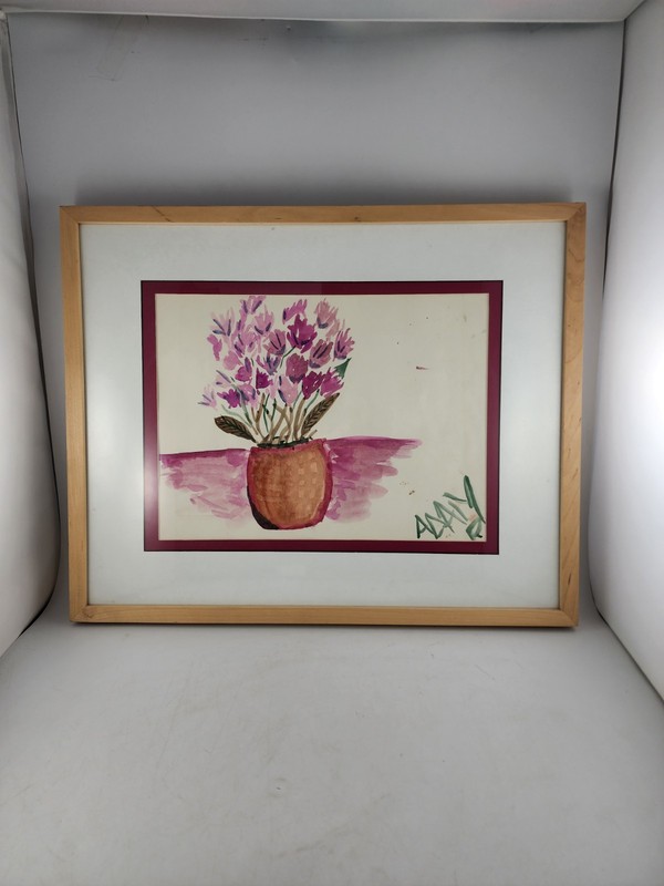 Floral Watercolor Painting Framed Matted Signed Adam Pink Flowers in Vase 20×16″