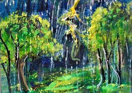 ACEO Original PAINTING Summer TREE Storm Night Rain Nature Landscape ATC ART