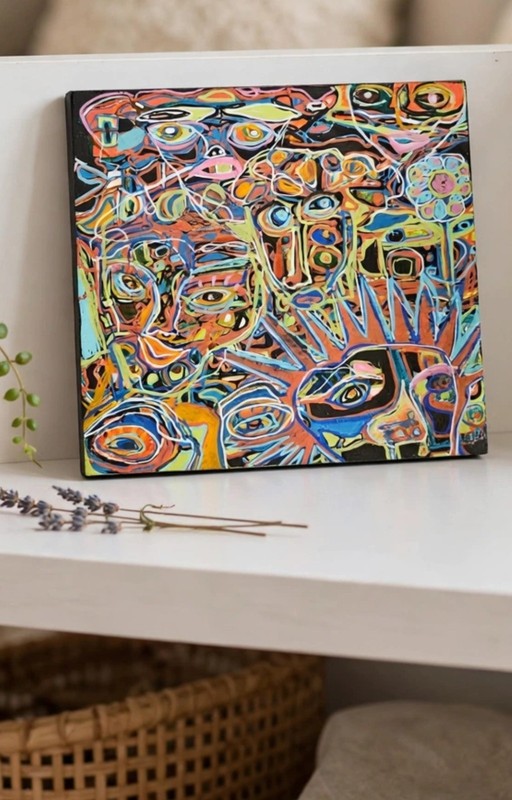 ORIGINAL 8 x 8 ABSTRACT OUTSIDER ART – EYES EVERYWHERE Ready To Hang!