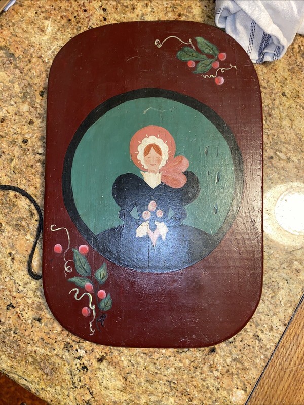 Vintage Primitive Folk Art Painting On Barn Board Tole Style Colonial Woman