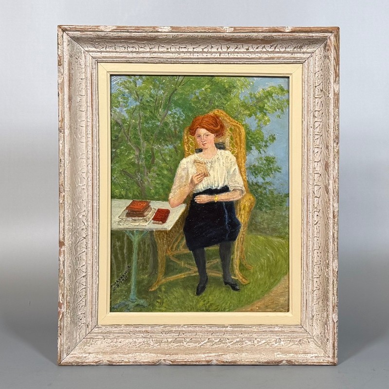 Antique French Naive Folk Art Painting Portrait Woman Landscape Contrexeville gallery
