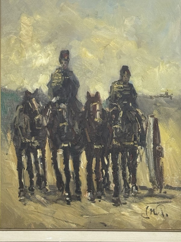 MASTERFUL IMPRESSIONISM PAINTING MEN SOLDIERS OF HORSE VINTAGE SIGNED Vintage gallery