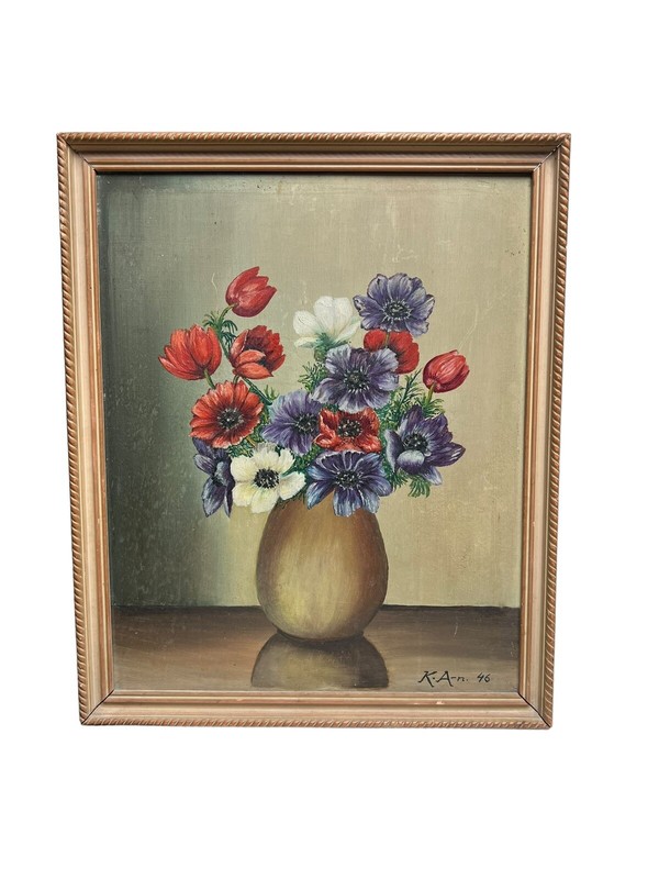 Vtg 1946 Painting Red Purple FLORAL Flowers in Vase Still Life Signed Framed