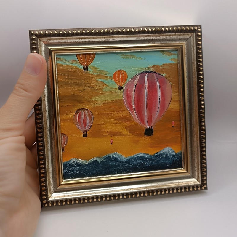 Original Sunset Mountains Painting Small Framed Colorful Air Balloons Artwork gallery