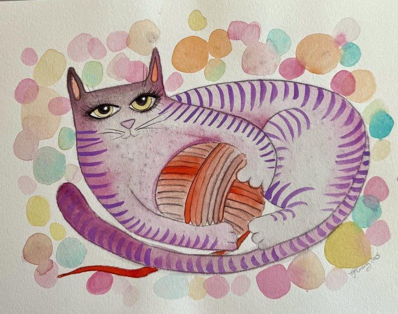 cat art purple illustration cartoon modern folk outsider original painting art