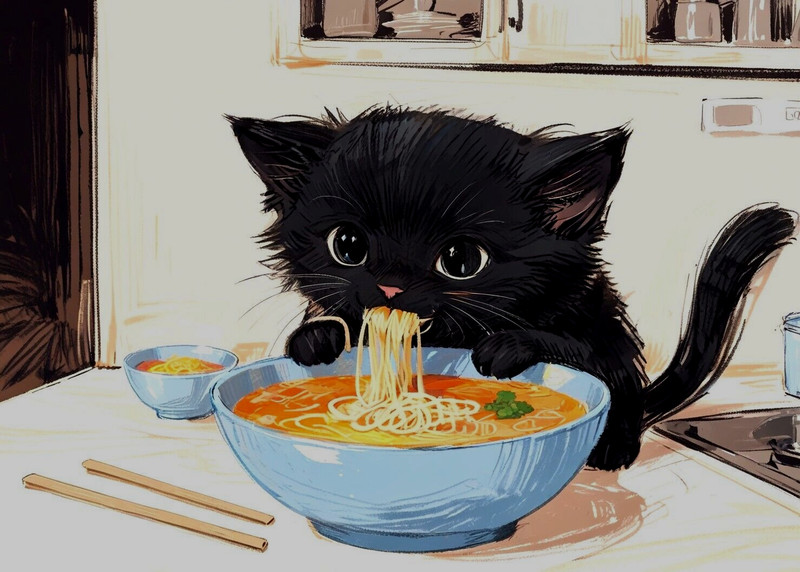 ACEO Mini *Art Print* Black Cat Baby Kitten & Ramen /Pho Noodle Soup by Saulite