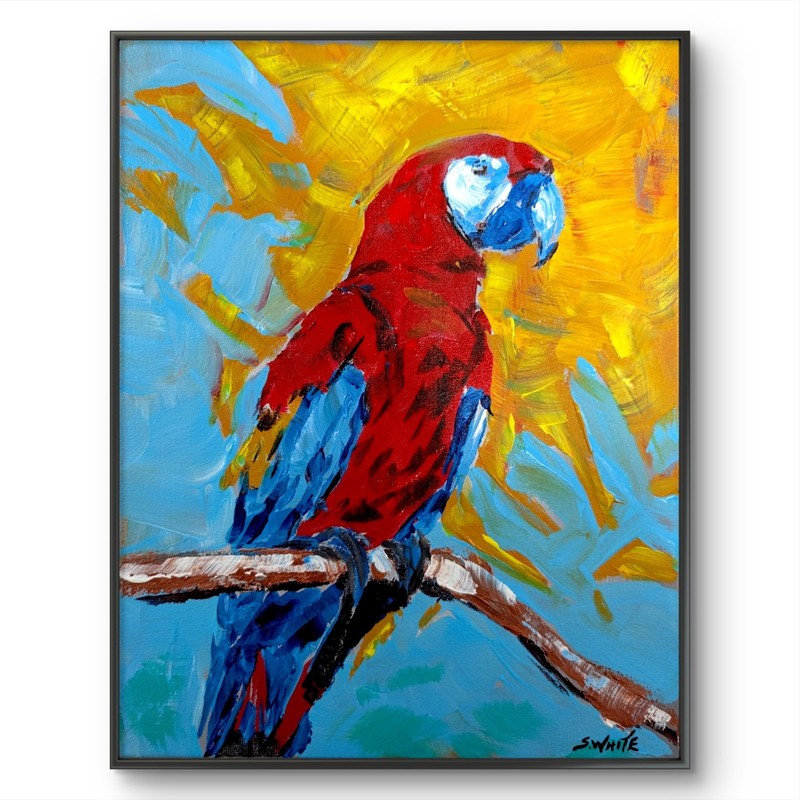 Scarlet Macaw Parrot 11×14 Painting Fauvist Tropical Red Yellow Canvas SWhite