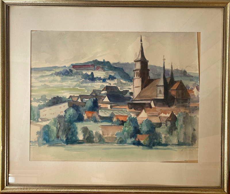Aquarell Undeutl. Sign. Dorfkirche Am Berg Landschaft Mit Stadtansicht