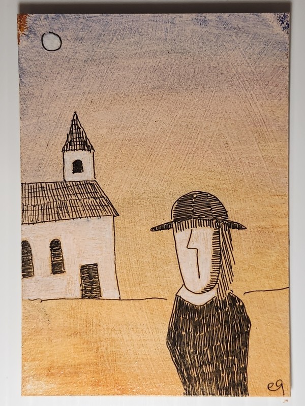 e9Art ACEO woman and church outsider art brut naive