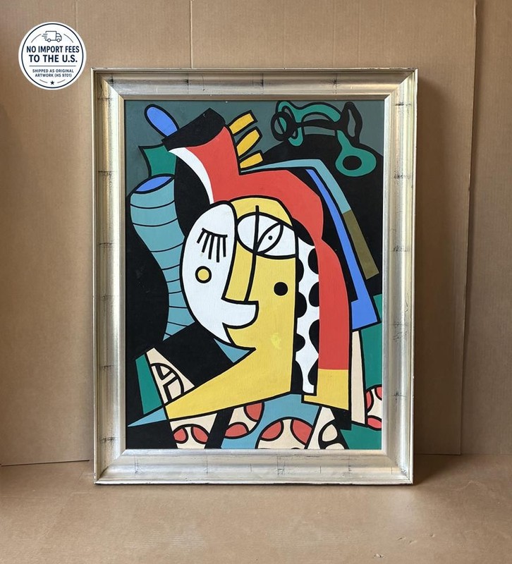 Fine Large 1970s Iranian Modernist Cubist Portrait painting. Paris School. COA