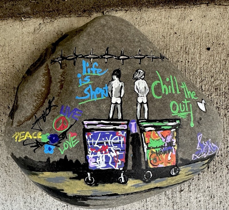 Banksy Type Street Art ! Humorous! Painted On A Large Rock! Approx 7x6x2