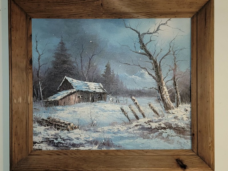 Vintage Oil Painting On Canvas Barn House snowing Field Trees Signed Rozario