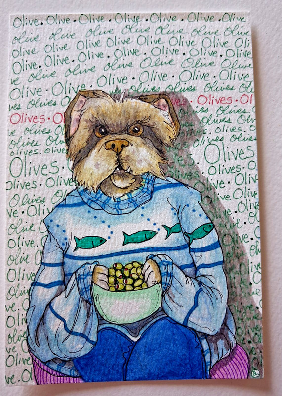 1 small Original Surreal Dog «Sorting Olives» Painting!!