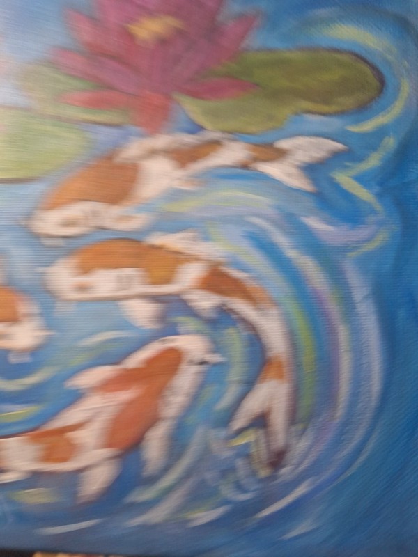 Original 8x10 Vibrant Koi Pond Impressionist Acrylic Canvas Painting Signed Wall gallery