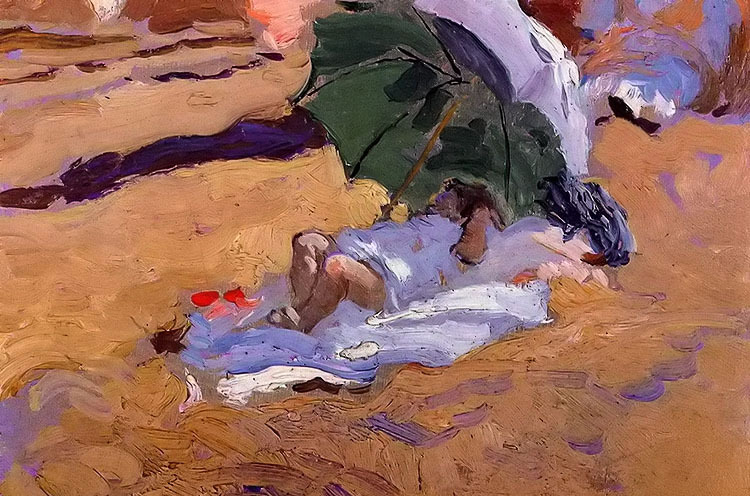 Ｏｉｌ　ｐａｉｎｔｉｎｇ Joaquin Sorolla y Bastida – child siesta at beach with umbrella