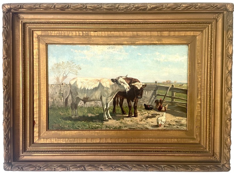 Antique 19th c Young Bull Cow Pastoral Farm Oil Painting Gilt Wood Frame Signed