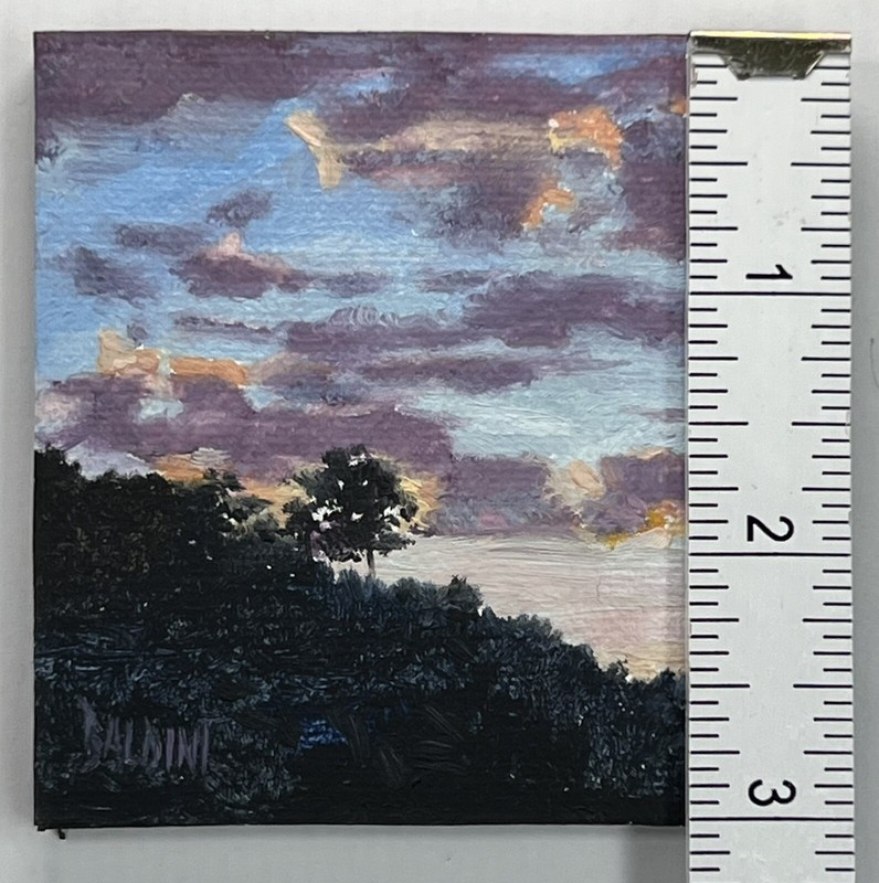 J R Baldini Oil on Canvas Plein Air Painting Sunset Dusk Colorful Clouds 3x3” gallery