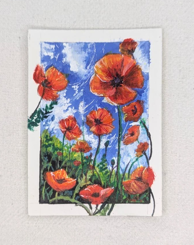 ACEO Original Painting OOAK Red Poppies Blue Sky Floral Acrylic Watercolor Art