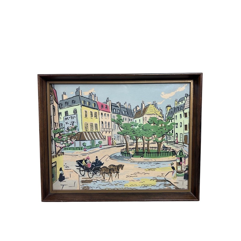 Vintage Mod-Art Cityscape Painting Framed Street Scene 15×12 Signed Morel