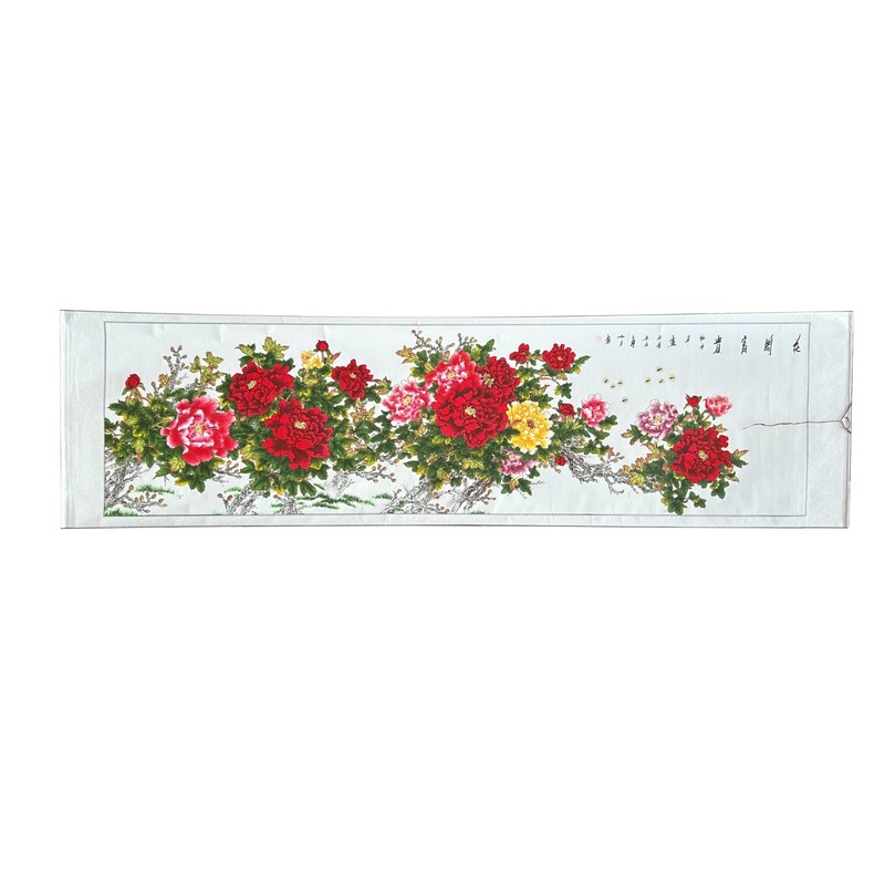 Long Horizontal 141″ Chinese Color Ink Red Peony Blossom Scroll Painting GB341