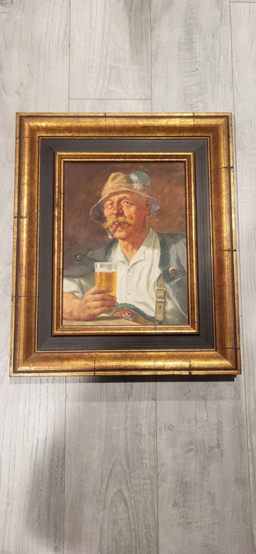 Antique Oil Painting Bavarian Man Beer Glass Pipe Signed F. Berger