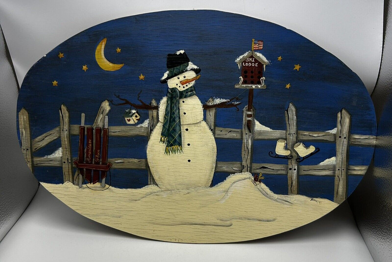 Snowman Painting Original 1997 Folk Christ Art Signed Winter Sled Bird Wood