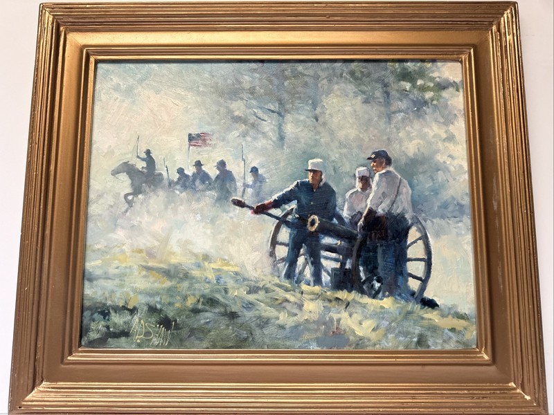 AMERICAN HISTORY PAINTING WAR BATTLE MEN IN BLUE ARCHIE SHAW VINTAGE LISTED OIL gallery