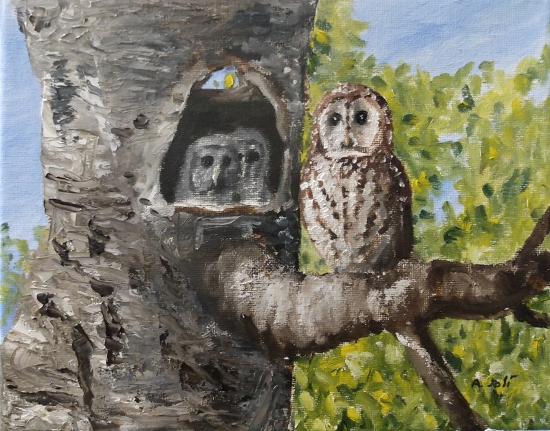Oil Painting Mother Owl with Babies Tree Animal Wildlife Bird Art by A. Joli