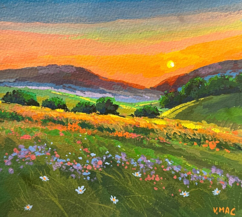 Original Wildflower Gouache Landscape Painting Signed Impressionism Collectible