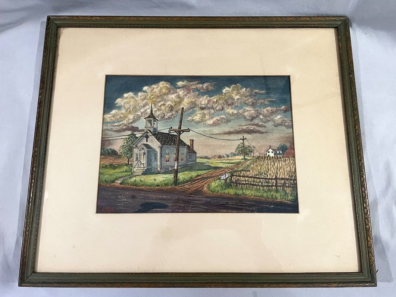 1949 FOLK ART PENCIL & WATERCOLOR «COUNTRY CHURCH» by C.W. STEVENSON