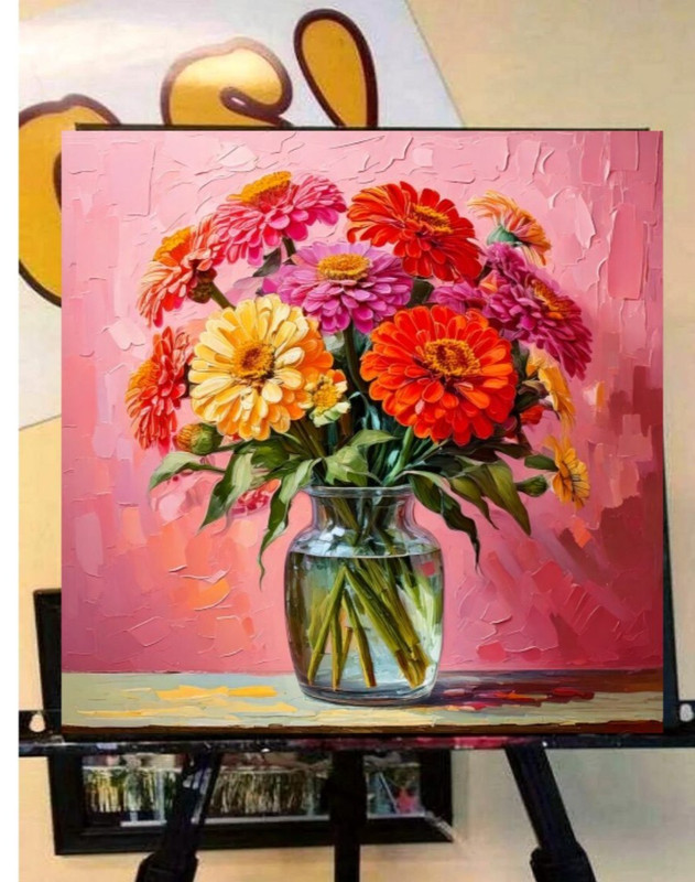 ORIGINAL Oil PAINTING on Canvas Zinnia Textured Art 12x12 in Custom Order gallery