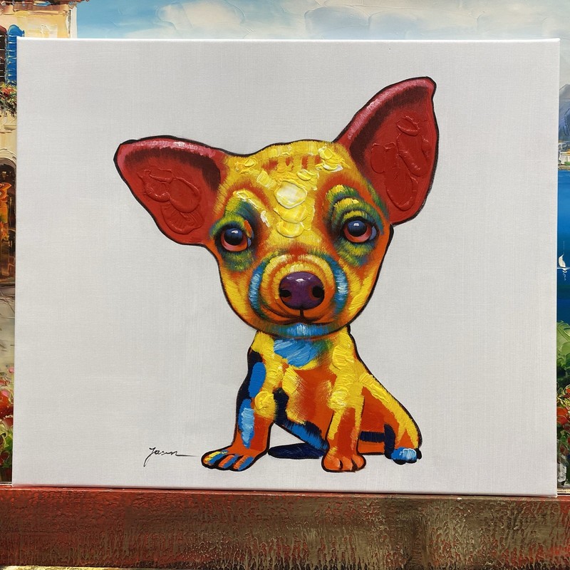 Oil Painting 20×24″ Modern art chihuahua, texturized multicolor oils on canvas