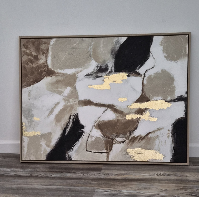 Large Abstract Gold Brown Black Acrylic Canvas Painting Framed Contemporary Art
