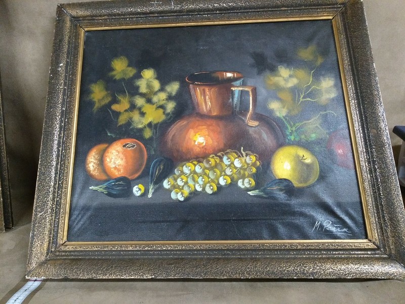 M. Pierce Oil On Canvas Still Life Fruit Copper Pot Oranges Grapes Apples frame